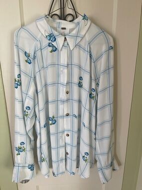 Free People White Button-Front Shirt with Light Blue Windowpane Stripes